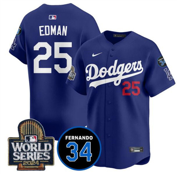 Los Angeles Dodgers #25 Tommy Edman Royal 2024 World Series With Fernando Memorial Patch Alternate Limited Stitched Jersey